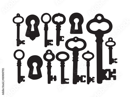 Collection of antique skeleton keys silhouette vector isolated on white background