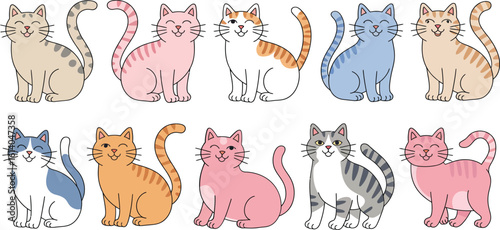 Collection of cute and colorful cartoon cat characters. Vector illustration set.