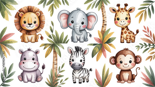 Cute cartoon jungle animals set with tropical plants vector illustration