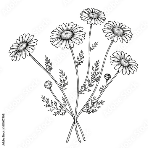 Vintage black and white engraving sketch of Chamomile — hand drawn vector illustration for cosmetic label design and wedding invitations

