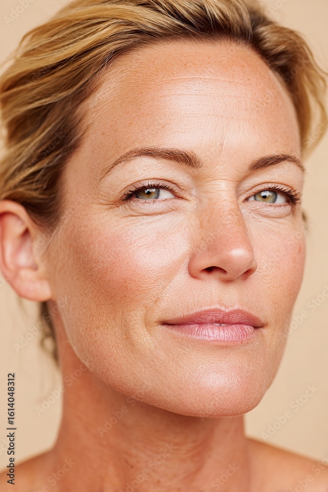 Obraz premium Portrait of a well-groomed middle-aged woman with a confident expression in a warm setting