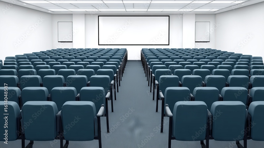 Fototapeta premium Spacious conference room featuring rows of teal chairs arranged for an audience, with a large blank screen at the front, ideal for presentations and gatherings