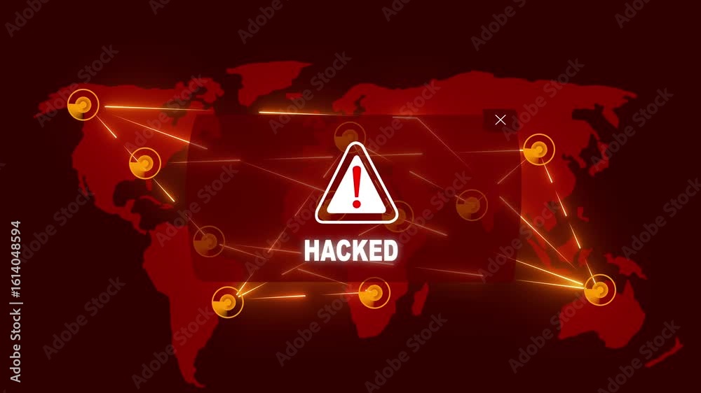 Hacked Alert Warning Message Attack on World map. Wire frame Radar ...