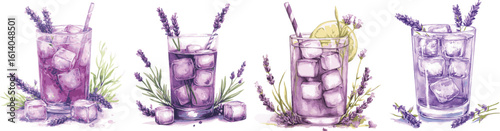 Lavender Ice Drink in Elegant Glasses with Lemon and Floral Garnish – Refreshing Summer Beverage Photography for Branding and Recipe Content