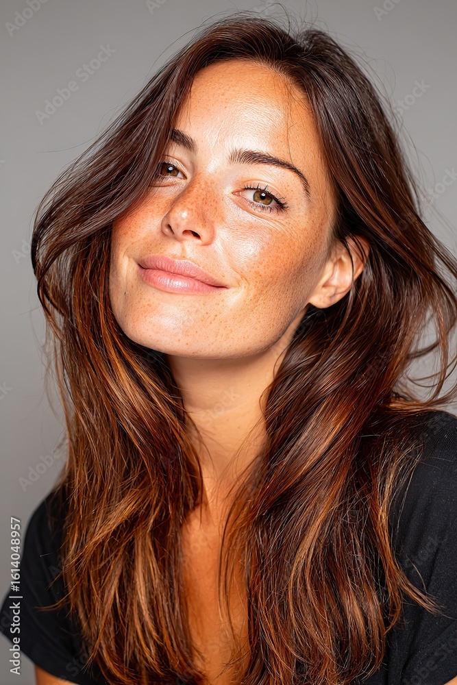 Naklejka premium Woman with natural makeup smiling in a minimalistic studio setting