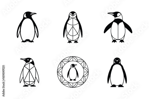 Stylized black and white penguins in various poses illustration line art