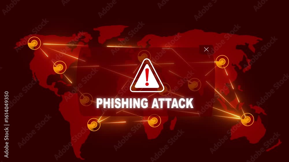 Phishing Attack Alert Warning Message Attack on World map. Wire frame ...