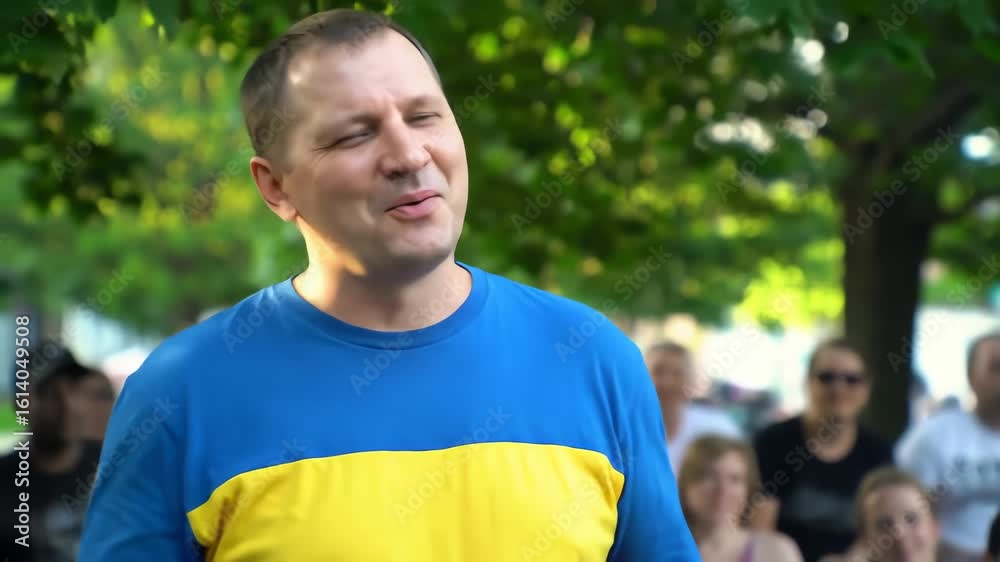 Emotional man wearing a Ukrainian flag shirt passionately speaks to a supportive crowd outdoors Emotional man wearing a Ukrainian flag shirt passionately speaks to a supportive crowd outdoors