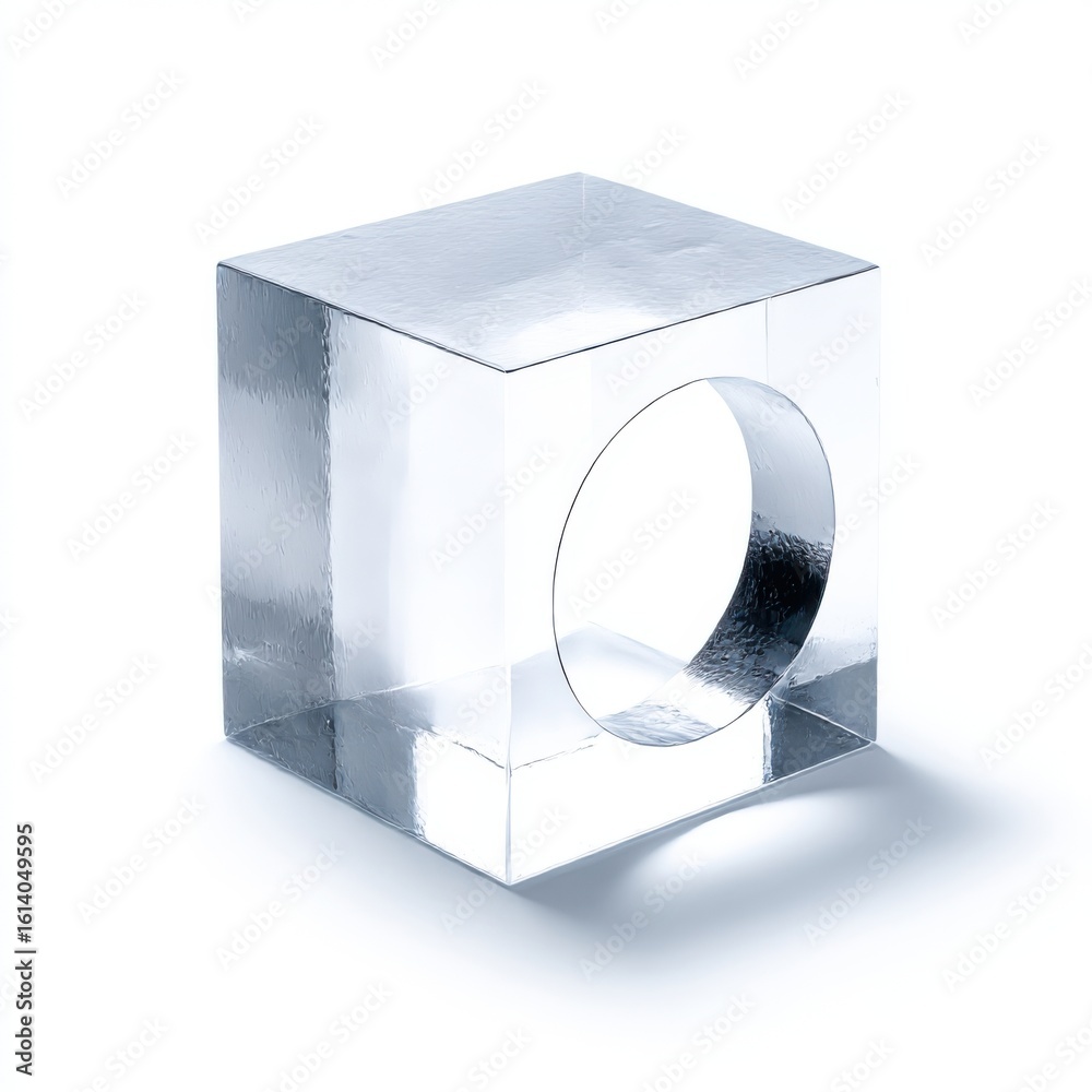 Fototapeta premium Clear cube with circular hole isolated on white background