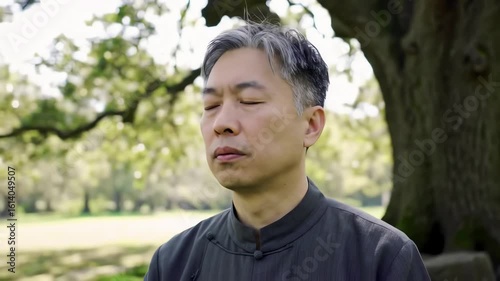 Serene middle-aged Asian man with closed eyes meditating peacefully outdoors in a lush green park.