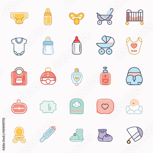 Colorful Baby and Newborn Essentials Icon Set on White Background.