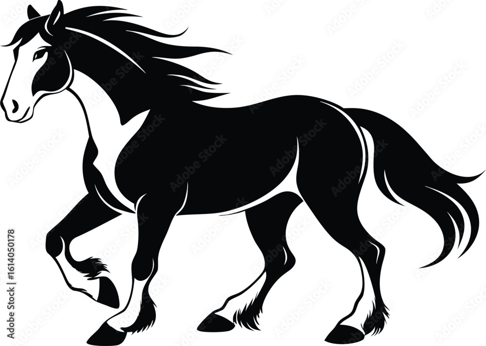 Obraz premium Clydesdale horse silhouette, draft horse line art, strong equine vector, farm animal drawing, minimal livestock icon