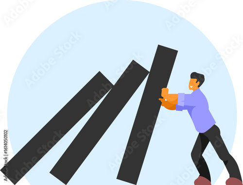 Businessman stopping domino effect concept representing crisis management, problem solving, leadership, risk prevention, and business stability in flat modern vector illustration
