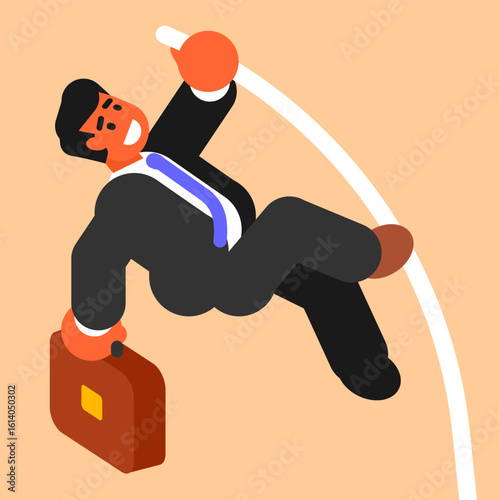 Businessman pole vaulting over obstacles concept symbolizing business success, challenge overcoming, career growth, ambition, and determination in flat modern vector illustration