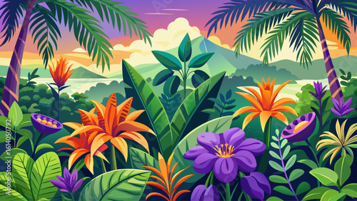 Lush tropical plants showcasing vivid purple and orange flowers in a natural landscape