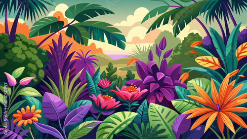 Lush tropical plants showcasing vivid purple and orange flowers in a natural landscape
