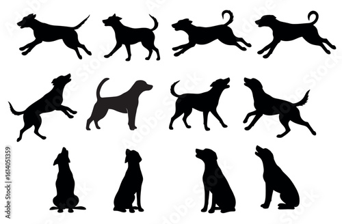 Twelve diverse canine silhouettes in various playful poses, showcasing different breeds and actions.