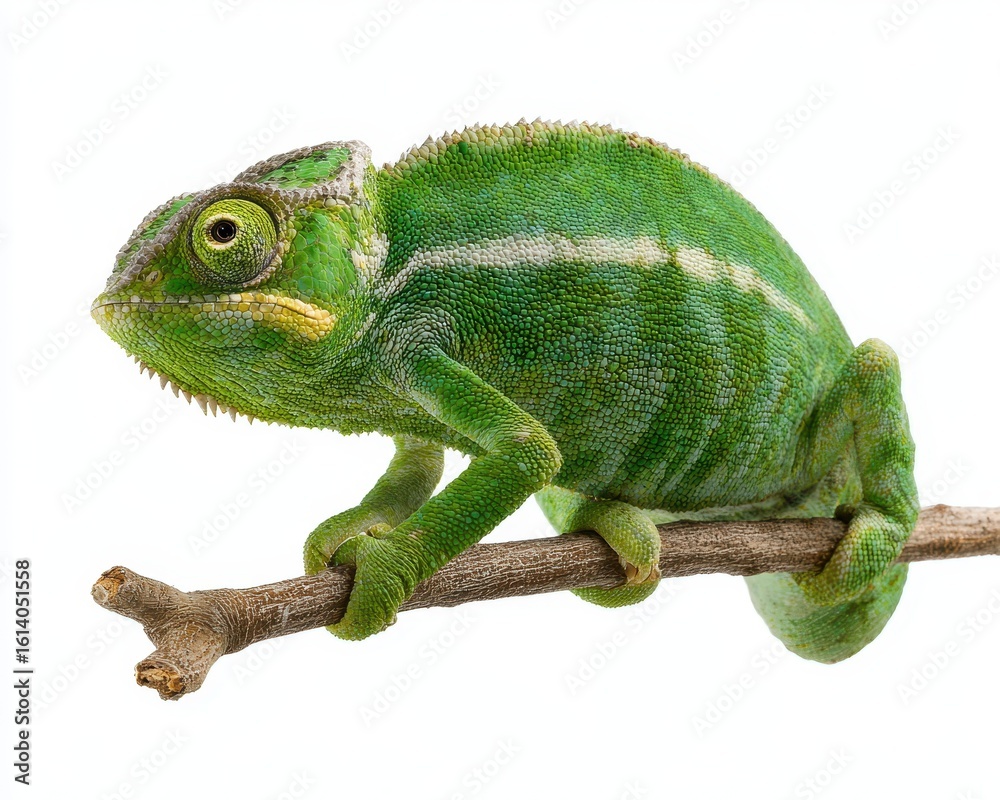 Obraz premium Portrait of a Vibrant Green Chameleon (Chamaeleo calyptratus) Against a White Background - Small Pet Lizard Isolated for Animal Lovers