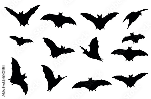 Collection of black bat silhouettes in various flight positions.