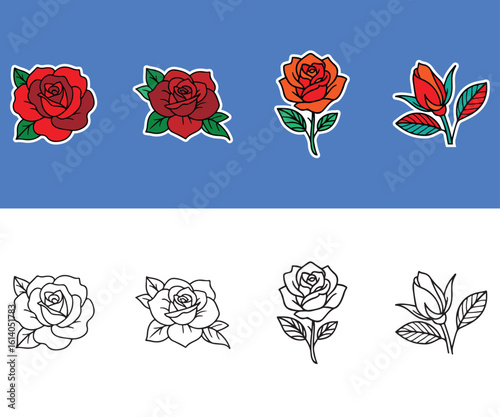 Collection of roses flower vector illustrations. Suitable for logos, outdoor designs, stickers and t-shirt designs.	