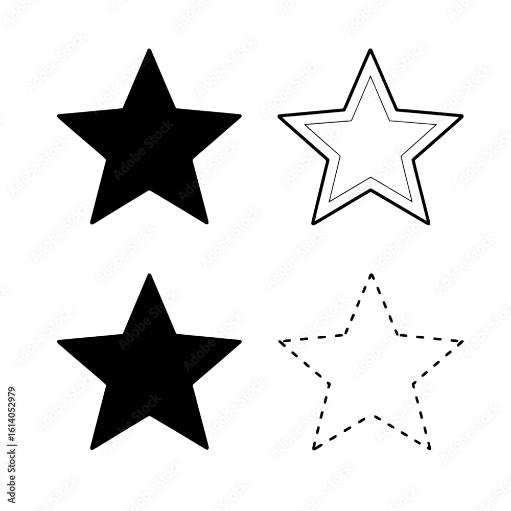 Obraz premium A simple graphic collection of star icons in various styles like solid, outline, and dashed.