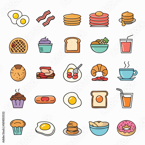 Colorful breakfast food and drink icon set.