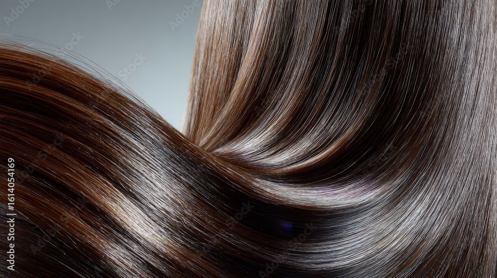 Fototapeta premium Sleek Brown Hair Cascading, Glossy Texture Close Up