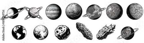 A collection of various planets and celestial bodies illustrated in monochrome.