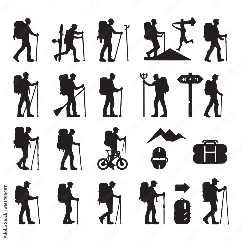 Obraz premium Minimal Hiking Man & Outdoor Gear Vector Set