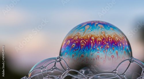 Iridescent soap bubble cluster reflecting vibrant light patterns against soft sky backdrop