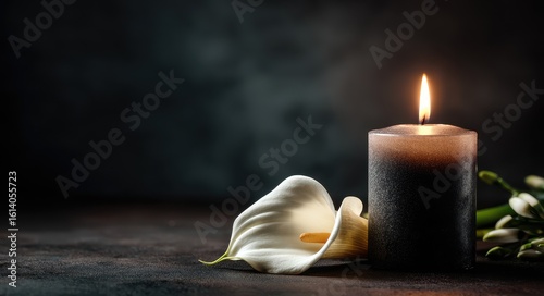 Illuminated Candle and Elegant Calla Lily on Dark Backdrop for Sympathy and Memorial Remembrance