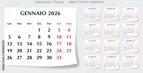 2026 year Italian calendar. Paper pages with shadow of 12 months. Vector illustration Italy - calendario