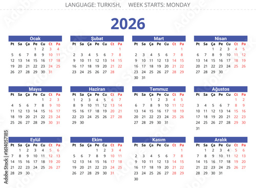 Clean design Turkish 2026 calendar template year months