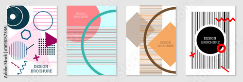 Geometric cover design, set. Abstract unusual background in the style of Memphis. Bright geometric shapes in random order