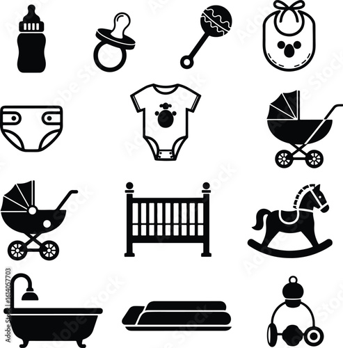 Silhouette baby care items black vector illustration