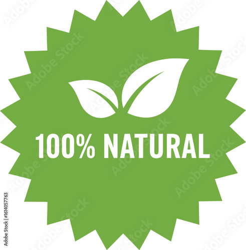 A green starburst badge with '100% NATURAL' text and two leaves, signifying organic and pure products.