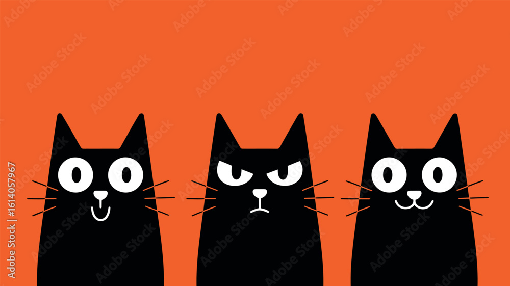 Three black cats halloween illustration spooky cute cartoon orange background Three black cats halloween illustration spooky cute cartoon orange background