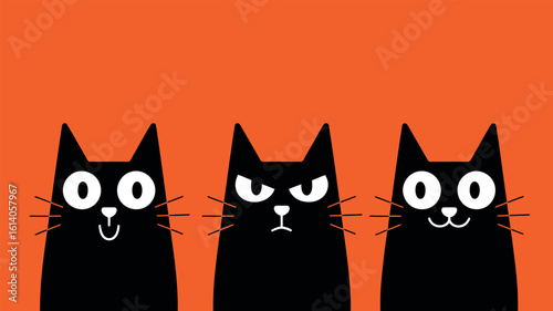 Three black cats halloween illustration spooky cute cartoon orange background