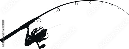 Fishing rod and reel silhouette on white background for sport fishing hobby