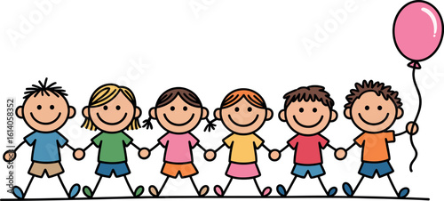 Children holding hands vector illustration happy kids with balloon clipart art