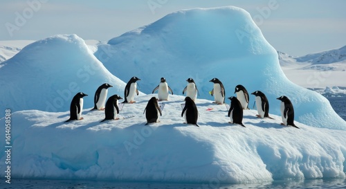 Penguins' meeting on a glacier to discuss environmental issues, showcasing antarctic wildlife in