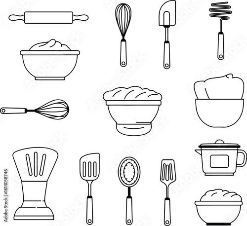 Silhouette baking utensils rolling pin whisk bowl line art vector illustrator