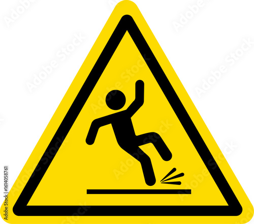 Slippery surface warning sign vector with falling person icon in yellow triangle on transparent background for safety and caution