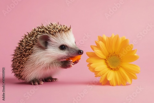 Adorable hedghog enjoying a whiff of an orange flower against a pink backdrop.
