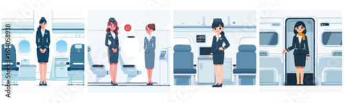 Illustrations of flight attendants in various poses inside an airplane cabin.