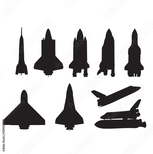 Set of silhouettes of space rockets on a white background