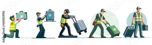 Sequence of illustrations showing a worker handling luggage and medical cases.