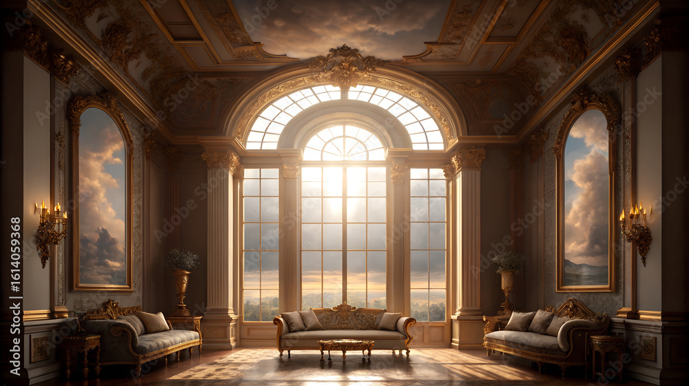 Obraz premium Grand european ballroom with arched windows and sunlight