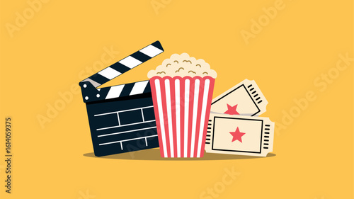 Movie night vector illustration with popcorn tickets and clapperboard design