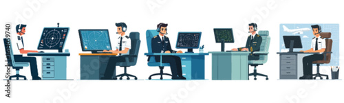 Five air traffic controllers working at computer consoles in a control tower.